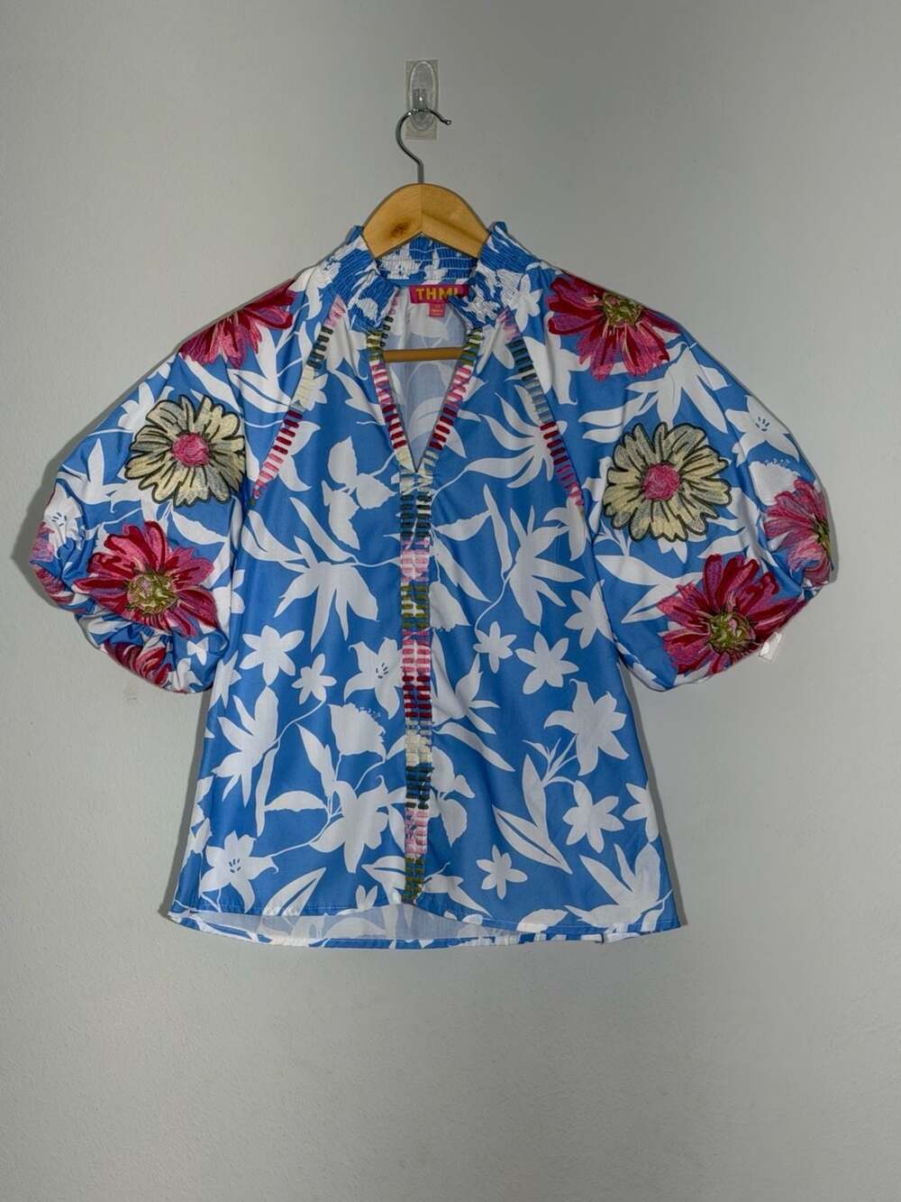 THML Blue Puff Sleeve Embroidered Floral Print Top